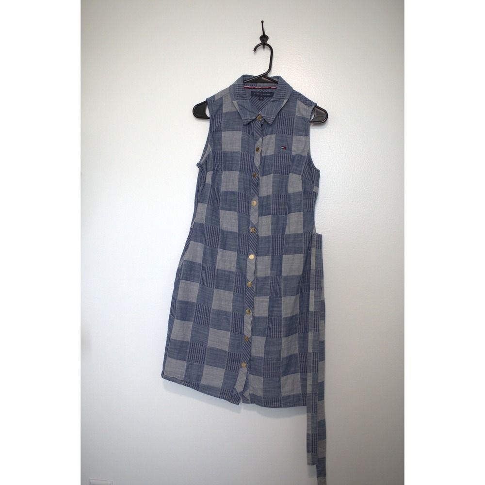 Tommy Hilfiger Womens Blue Patchwork Plaid Sleeveless Button Front Dress Size 10